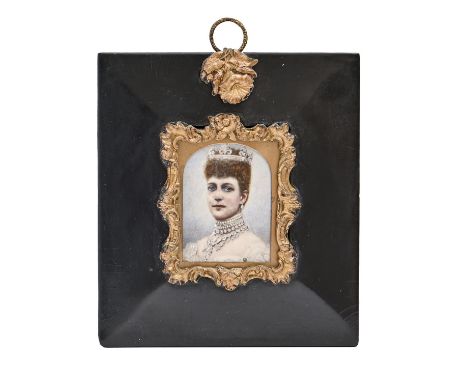 English School, c1902 - Portrait Miniature of Queen Alexandra,&nbsp; in the Rundell Tiara and other royal jewels, ivory, arch