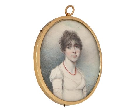 English School, c1810 - Portrait Miniature of a&nbsp; Young Woman, with rosy cheeks and curly black hair, in coral necklace a