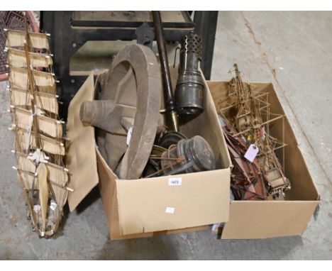 A Wolf Radiator miner's lamp, early-mid 20th c,&nbsp;36cm h over handle, a wooden wheel, various model ships, a brass warming