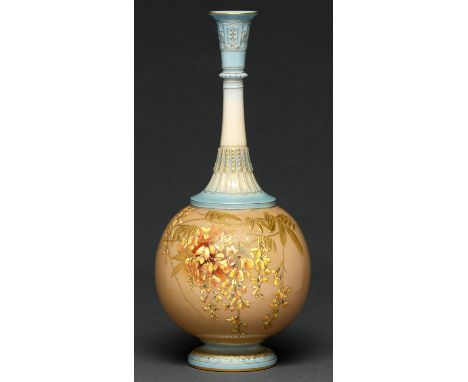 A Royal Worcester bottle shaped vase, 1894, decorated with laburnum and raised gilt foliage on a cafe au lait ground, the nec