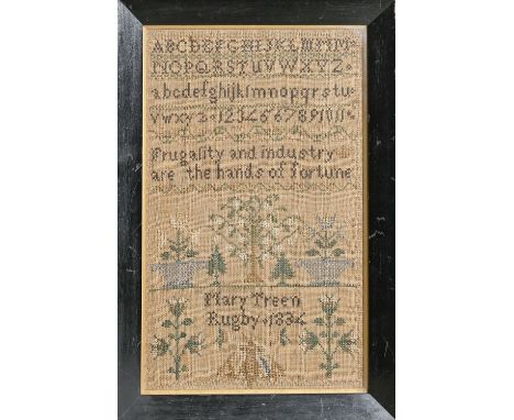 A William IV linen sampler, Mary Treen Rugby 1834, worked in a restrained palette with a large moth, trees and flowerpots ben