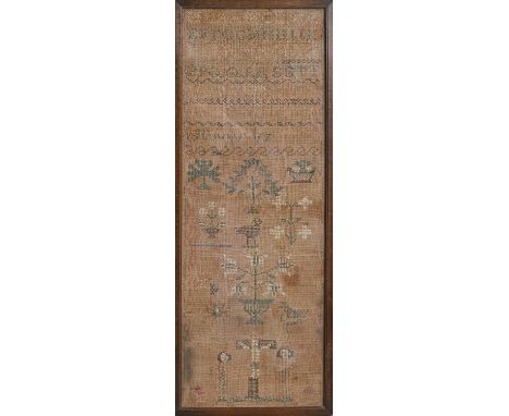 A linen sampler, early 19th c, worked with the crucifixion, birds and other motifs beneath letters, 55.5 x 19.5cm, framed  Fa