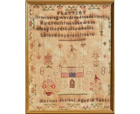 An early Victorian linen sampler, Harriet Sealous aged 10 years, worked with portico, birds, bees, trees and other motifs ben