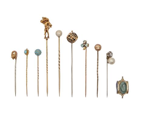 A gold stickpin with Robin Hood figural terminal, another with opal and pearl clover leaf terminal, seven various other stick