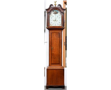 A George III eight day oak and crossbanded longcase clock, Jn. Bishop Redmile, the 12" breakarched painted dial with brass ri