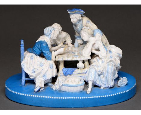 A French porcelain group of The Fortune Teller, late 19th c, painted in tones of light and bright blue, on oval base, 31cm l,