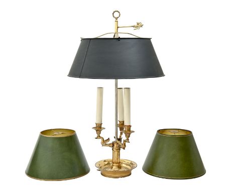 A gilt lacquered brass lampe bouillotte, 20th c, in French Empire style, black painted metal shade, 69cm h and a pair of gree