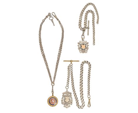 Three silver alberts, early 20th c, two with pierced silver watch fob shield, the third with brass and enamel shield, various