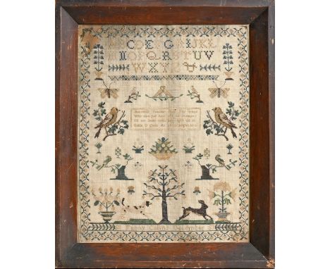 A Victorian linen sampler, Fanny Collins December 1853, worked with deer and hound, birds in branches, butterfly and central 
