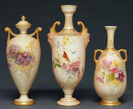 Two Royal Worcester vases and a vase and cover, 1901, 1903 and 1910, similarly printed and painted with flowers on a shaded a