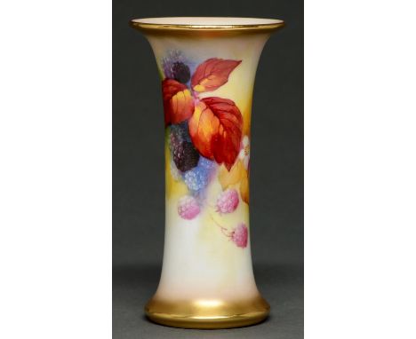 A Royal Worcester spill vase, 1932, painted by K Blake, signed, with blackberries and blossom, 15.2cm h, puce printed mark an