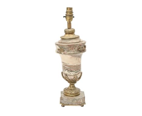 A French gilt-lacquered brass mounted marble urn, early-mid 20th c, in Louis XVI style, 33cm h excluding associated lamp fitm