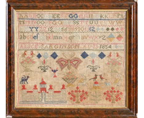 A Victorian linen sampler, Alice Sarginson ad 13 1854, worked with a mansion, bird, dog, butterfly, flowers and letters and n
