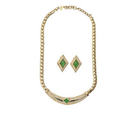 Costume jewellery. A Christian Dior giltmetal necklace and pair of diamond shaped earrings, necklace 37cm, signed  Good condi