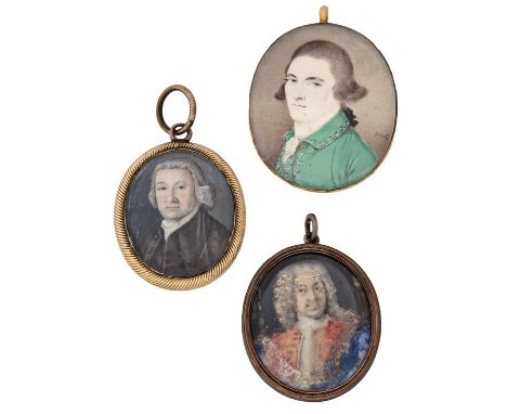 18th c School - Portrait Miniature of a Young Man, in powdered bag wig,&nbsp; in green coat trimmed with silver, indistinctly