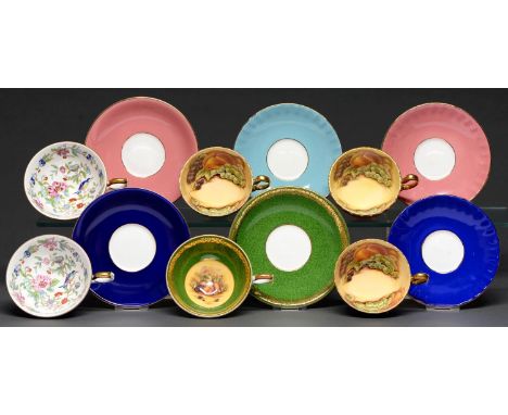 Six Aynsley Harlequin teacups and saucers, second half 20th c, the cups decorated with fruit or flowers, printed mark  Good c