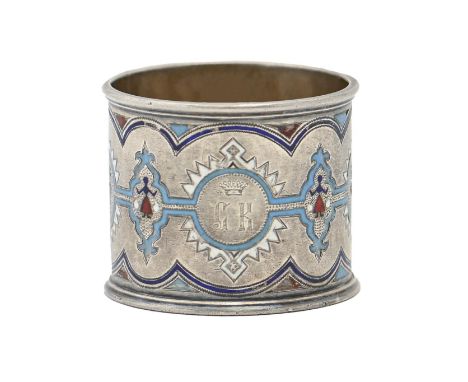 A Russian silver and champleve enamel napkin ring, engraved initials and coronet, 43mm h, indistinct Cyrillic maker's mark, S