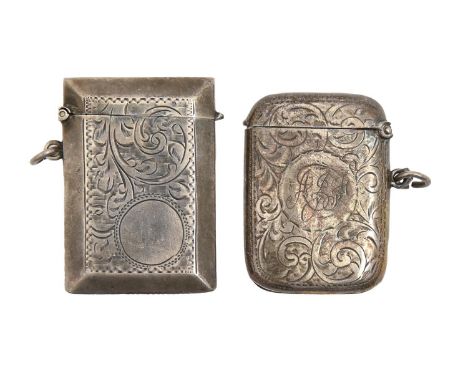 Two Edwardian and George V silver vesta cases, 52 and 56mm, both Birmingham, maker's mark poorly struck, possibly JC, 1908 an