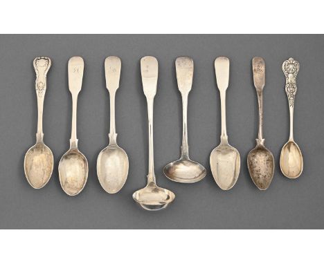 A William IV silver cream ladle, Fiddle pattern, by John Osment, Exeter 1836, four Scottish silver teaspoons and a toddy ladl