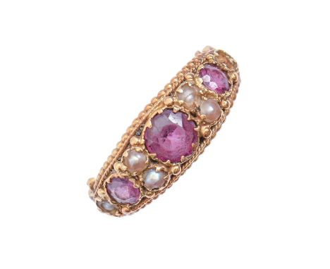A Victorian ruby and split pearl ring, in gold, 3.3g, size N  Lacking one pearl, two of the other pearls chipped, largest rub