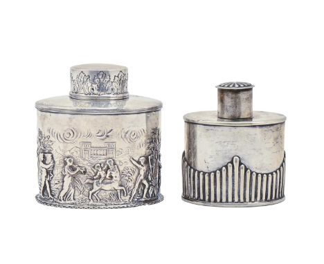 A Victorian oval silver tea caddy and cover, stamped with a continuous bacchanal between reeded and crimped borders, 10cm h, 