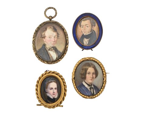 English School, 19th c - Portrait Miniatures of a Lady and a Gentleman, ivory, oval, 44 and 49mm, giltmetal frames, a miniatu