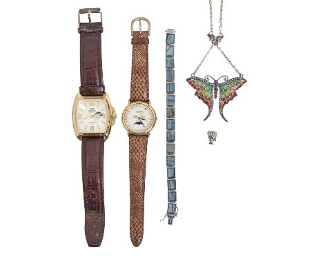 Two gold plated gentleman's wristwatches, a silver and plique a jour enamel butterfly brooch, a labradorite bracelet, etc  Go