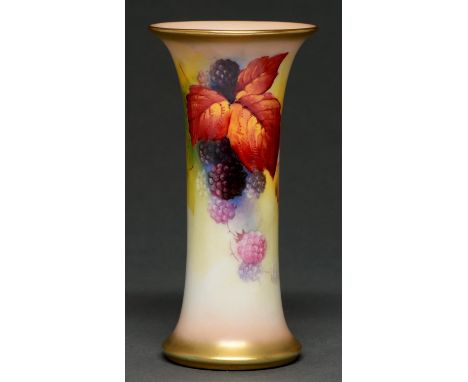 A Royal Worcester spill vase, 1934, painted by K Blake, signed, with blackberries and blossom, 15.5cm h, puce printed mark an