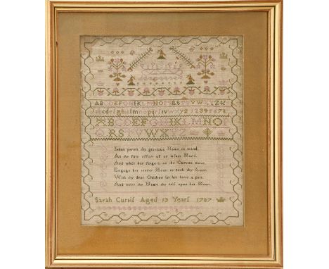 A George III linen sampler, Sarah Curtis aged 13 years 1787, finely worked with birds, trees and other motifs above verse div