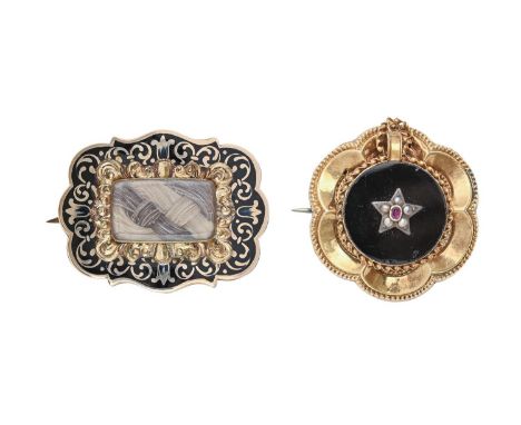 A Victorian oblong gold and enamel and giltmetal mourning brooch, inset plaited hair in chased surround, 36mm and another Vic