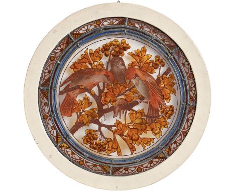 A Victorian stained glass window light, c1880, painted with birds in branches in half flower border, 46cm diam including circ