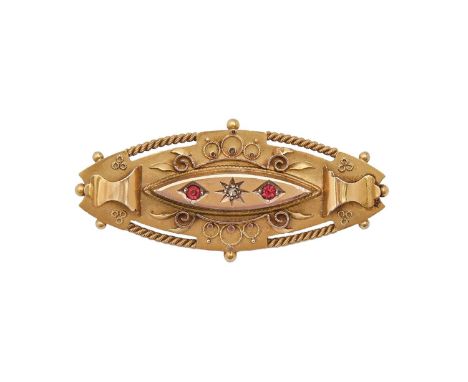 A diamond and synthetic ruby brooch, gypsy set in 9ct gold, locket back, 44mm l, Chester 1919, 3.9g  Good condition