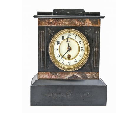 A French noir belge and marble mantel clock, late 19th c, pendulum, 27.5cm h  Good condition, movement untried