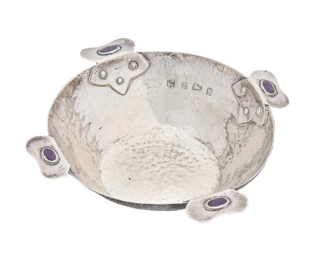 An Arts and Crafts silver and mauve enamel bowl, hammer textured, 15.5cm over handles, by D &amp; M Davis, Birmingham 1903, 4