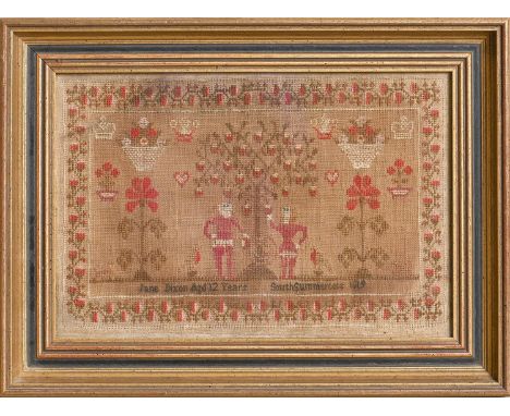 A George III linen sampler, Jane Dixon agd 12 years South Somercoat[e]s 1819, prominently worked with Adam and Eve flanked by