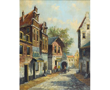 H Ten Hoeven, 20th c - Street Scene, signed, oil on board, 51 x 40cm  Good condition, varnish would benefit from a light clea