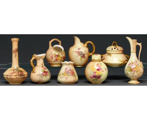Two Royal Worcester pot pourri jars and covers, two vases and a jug, c1900, similarly printed and painted with flowers on a s