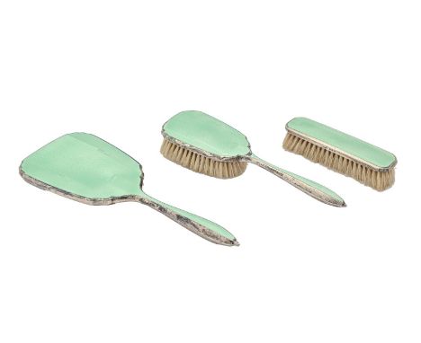 A George VI silver and green guilloche enamel brush set, by W G Sothers Ltd, Birmingham 1946 (3)  Enamel on hairbrush damaged