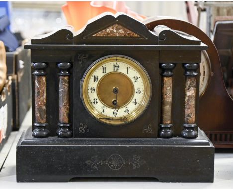 A French marble and noir belge mantel clock, of architectural form, late 19th c, 27.5cm h and a mahogany clock, the movement 