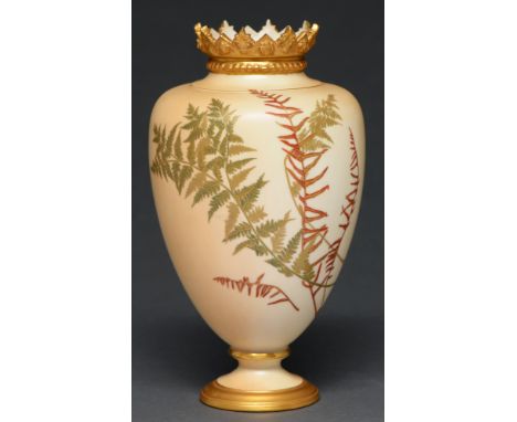 A Royal Worcester vase, 1891, decorated with ferns on a blushed ivory ground, 23cm h, puce printed mark, Rd number and 1268 L