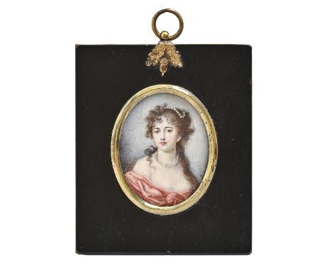 19th c School - Portrait miniature of a Young Woman, with curly long light brown hair and pearls, in a red off the shoulder d