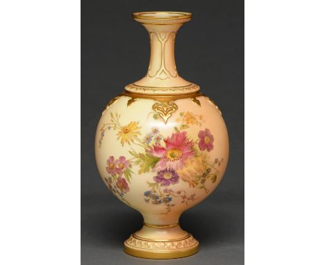 A Royal Worcester ovoid vase, 1909, printed and painted with flowers on a shaded apricot ground, 26.6cm h, puce printed mark 