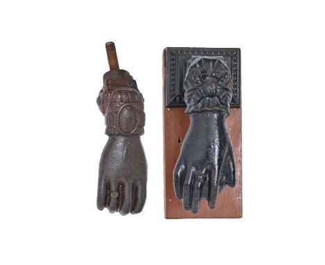 A Victorian cast iron lady's hand door knocker and stud, 14cm, maker's mark, an anchor flanked by CF and 3 and a similar cont