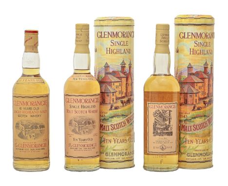 Spirits. Glenmorangie 10 year old single Highland Malt Scotch whisky, two cased, c1980s (three bottles)  