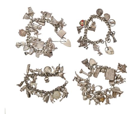 Four silver charm bracelets, various lengths, 11ozs  Good condition