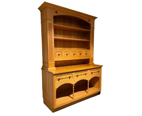 Treske Furniture - light oak dresser, projecting moulded cornice over three shelves and five small drawers, the lower section