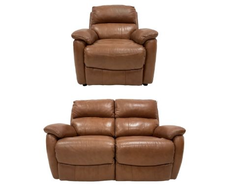 Two-piece lounge suite upholstered in tan brown leather - electric reclining two-seat sofa (W151cm, H98cm, D95cm); and matchi