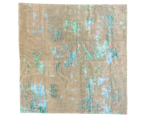 Persian Shiraz thick pile camel and cyan ground rug, the abstract clusters of cyan bleeding into the beige with extending geo