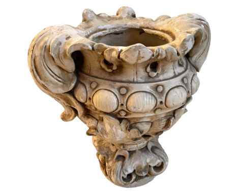Cast plaster Cartouche urn planter, in the form of scrolling foliage with globular decorative band, on scrolled leaf cast foo