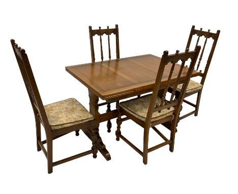 Ercol - Old Colonial draw leaf elm extending dining table, rectangular top over shaped end supports united by pegged stretche